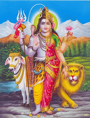 Ardhnarishwar Shiva and Parvati with Nandi and Lion in Himalayan Landscape HD phone wallpaper