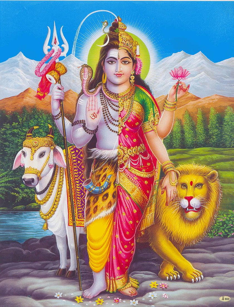 Ardhnarishwar Shiva and Parvati with Nandi and Lion in Himalayan Landscape HD phone wallpaper