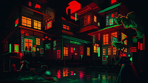 Neon Shallows Cyberpunk Cityscape with Rain-Soaked Streets and Glowing Signs HD wallpaper