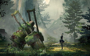 2B from Nier Automata standing in a misty forest with overgrown machinery HD wallpaper