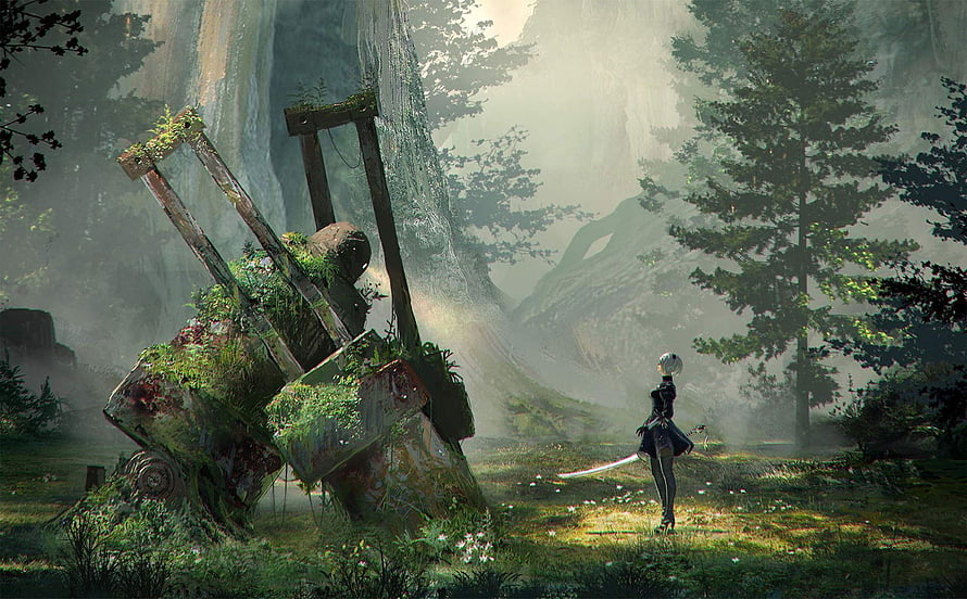 2B from Nier Automata standing in a misty forest with overgrown machinery HD wallpaper