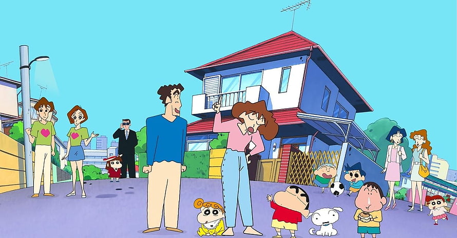 Crayon Shin-chan Family and Friends Gathered in Front of Their House HD wallpaper