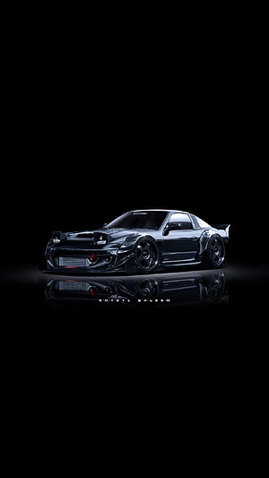Black JDM Drift Car with Widebody Kit on Dark Reflective Surface HD phone wallpaper