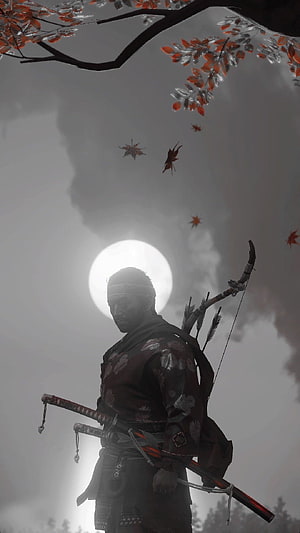 Jin Sakai from Ghost of Tsushima standing in mist with katana and bow under a full moon HD phone wallpaper
