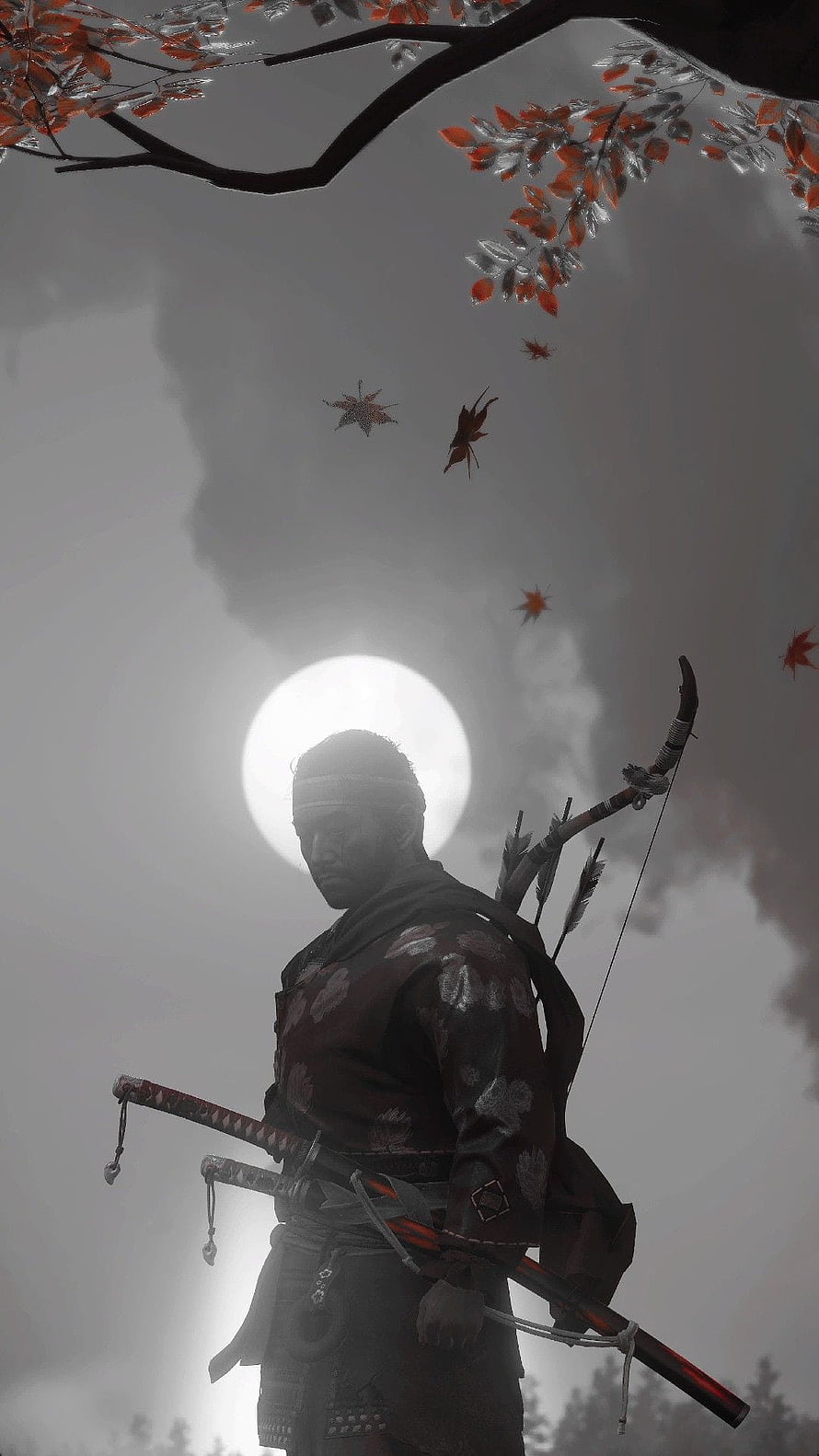Jin Sakai from Ghost of Tsushima standing in mist with katana and bow under a full moon HD phone wallpaper