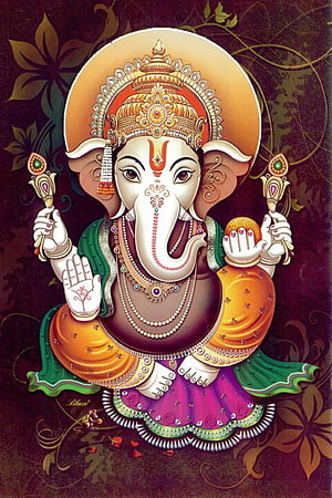 Lord Ganesha Digital Art with Ornate Jewelry and Floral Background HD phone wallpaper