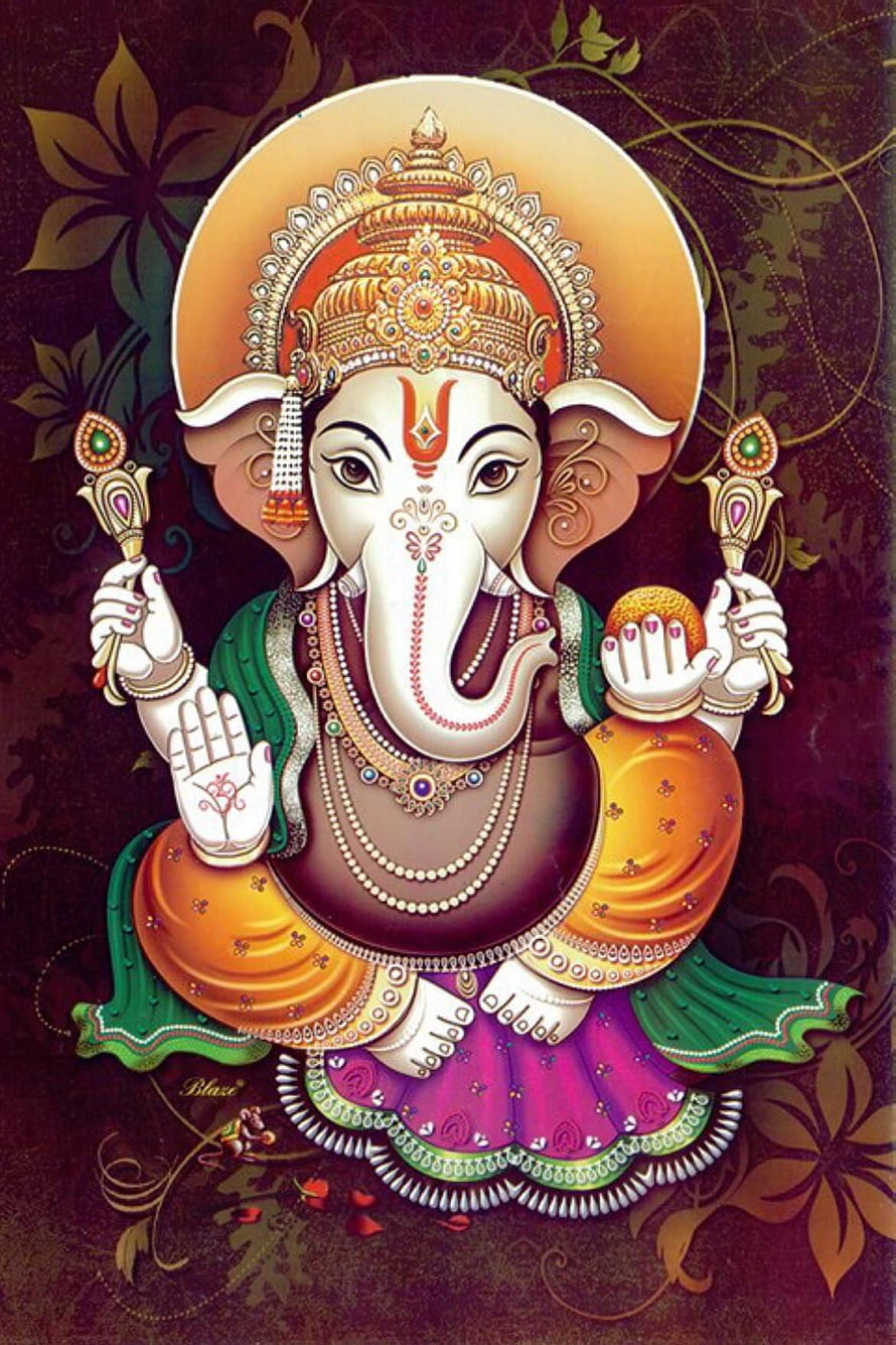 Lord Ganesha Digital Art with Ornate Jewelry and Floral Background HD phone wallpaper