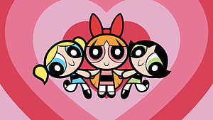 The Powerpuff Girls hugging inside a large pink heart with concentric rings HD wallpaper