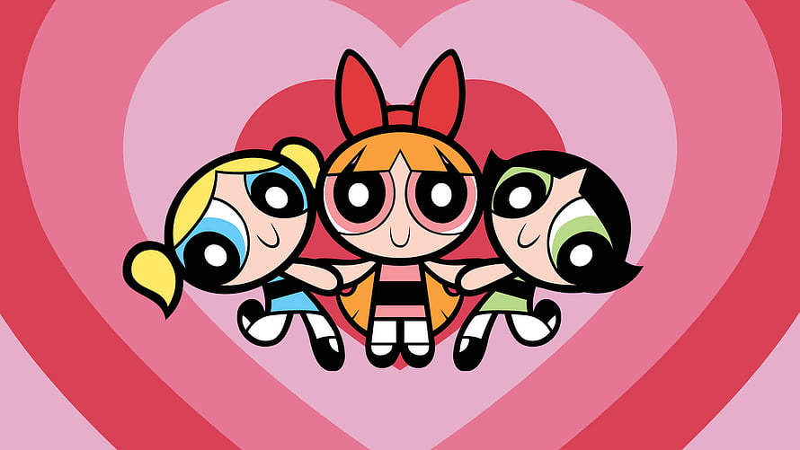 The Powerpuff Girls hugging inside a large pink heart with concentric rings HD wallpaper