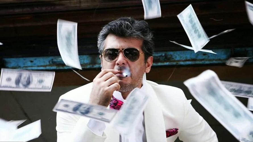 Ajith in white suit smoking with falling currency notes from Mankatha HD wallpaper