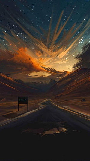 Desolate Desert Highway Under Dramatic Starry Sky With Golden Clouds HD phone wallpaper