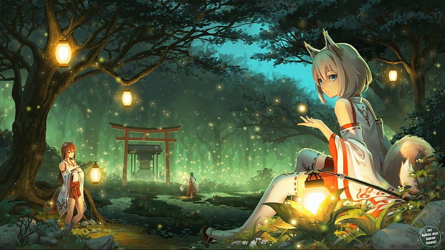 Anime Fox Girls in Enchanted Forest with Torii Gate and Fireflies HD wallpaper