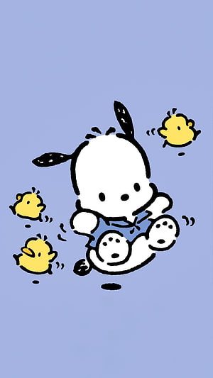 Pochacco cartoon character playing with yellow chicks on a soft blue background HD phone wallpaper
