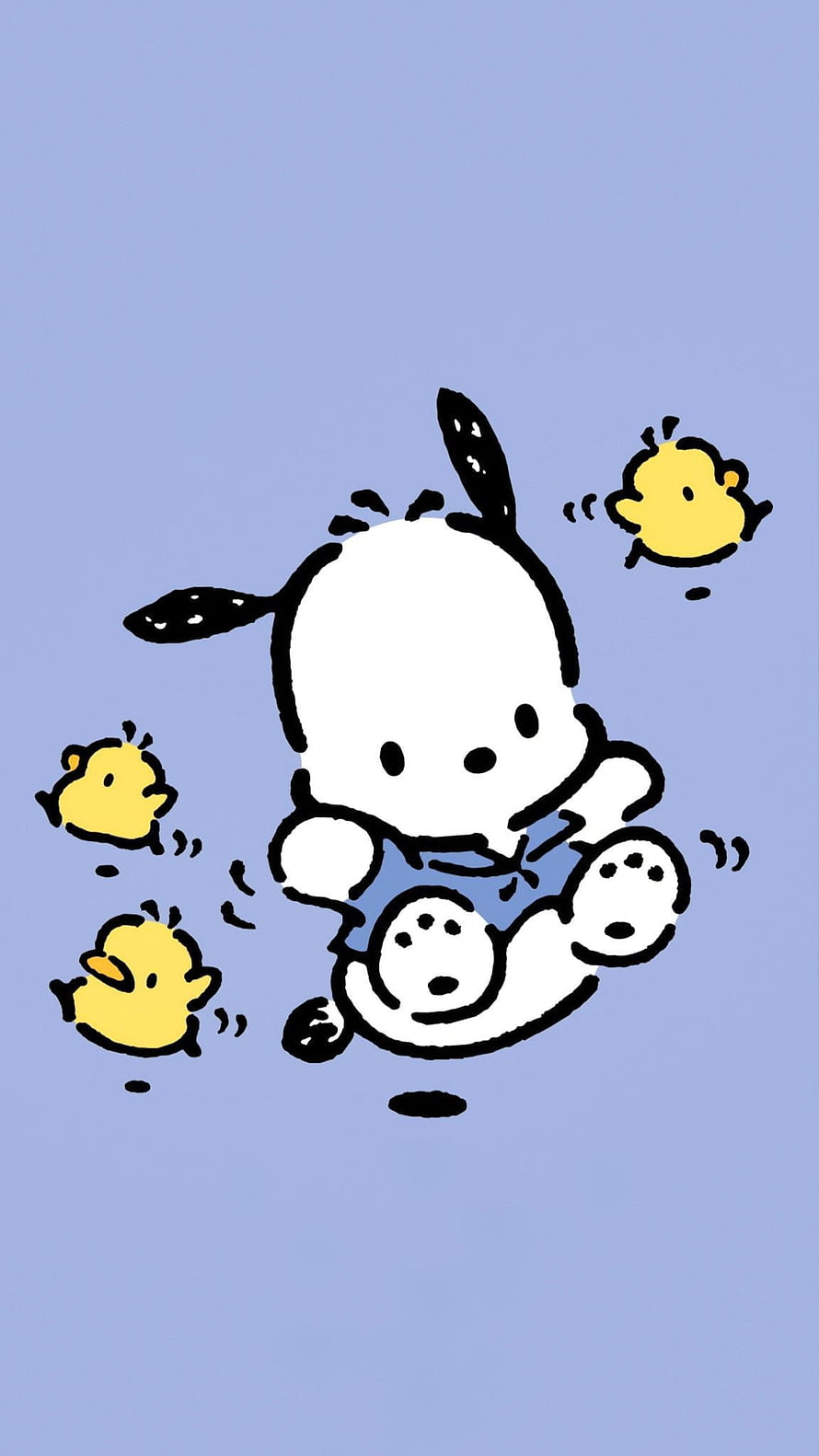 Pochacco cartoon character playing with yellow chicks on a soft blue background HD phone wallpaper