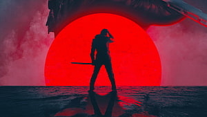 Silhouette of a warrior with a katana standing before a massive red sun in a cyberpunk landscape HD wallpaper