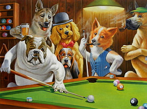 Anthropomorphic Dogs Playing Pool in a Cozy Bar Setting HD wallpaper