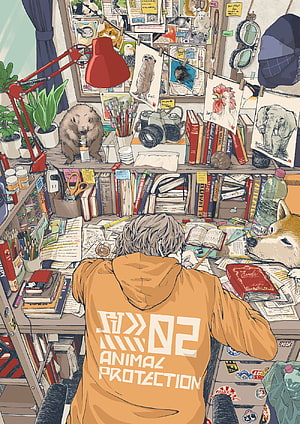 Illustration of a student studying at a cluttered desk with animal sketches and a fox companion HD phone wallpaper