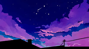 Anime Style Night Sky With Purple Clouds And Shooting Star Over Rooftop HD wallpaper