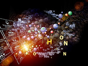 Abstract Periodic Table of Elements with Floating Chemical Symbols and Molecular Structures HD wallpaper