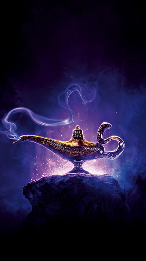 Aladdin Magic Lamp with Glowing Smoke on a Rock in a Purple Fantasy Setting HD phone wallpaper