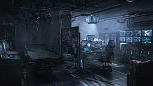 Dark Cyberpunk Hacker Room with Multiple Monitors and Industrial Equipment HD wallpaper