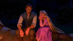 Tangled Flynn Rider and Rapunzel Sharing a Quiet Moment by Firelight in the Forest HD wallpaper