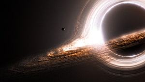 Gargantua Black Hole with Accretion Disk and Distant Planet in Deep Space HD wallpaper