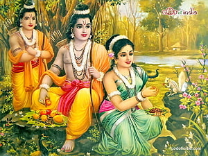 Ram Sita And Lakshman In A Lush Forest Setting With Squirrel And Flowers, Ram Sita And Lakshman, ramsita HD wallpaper