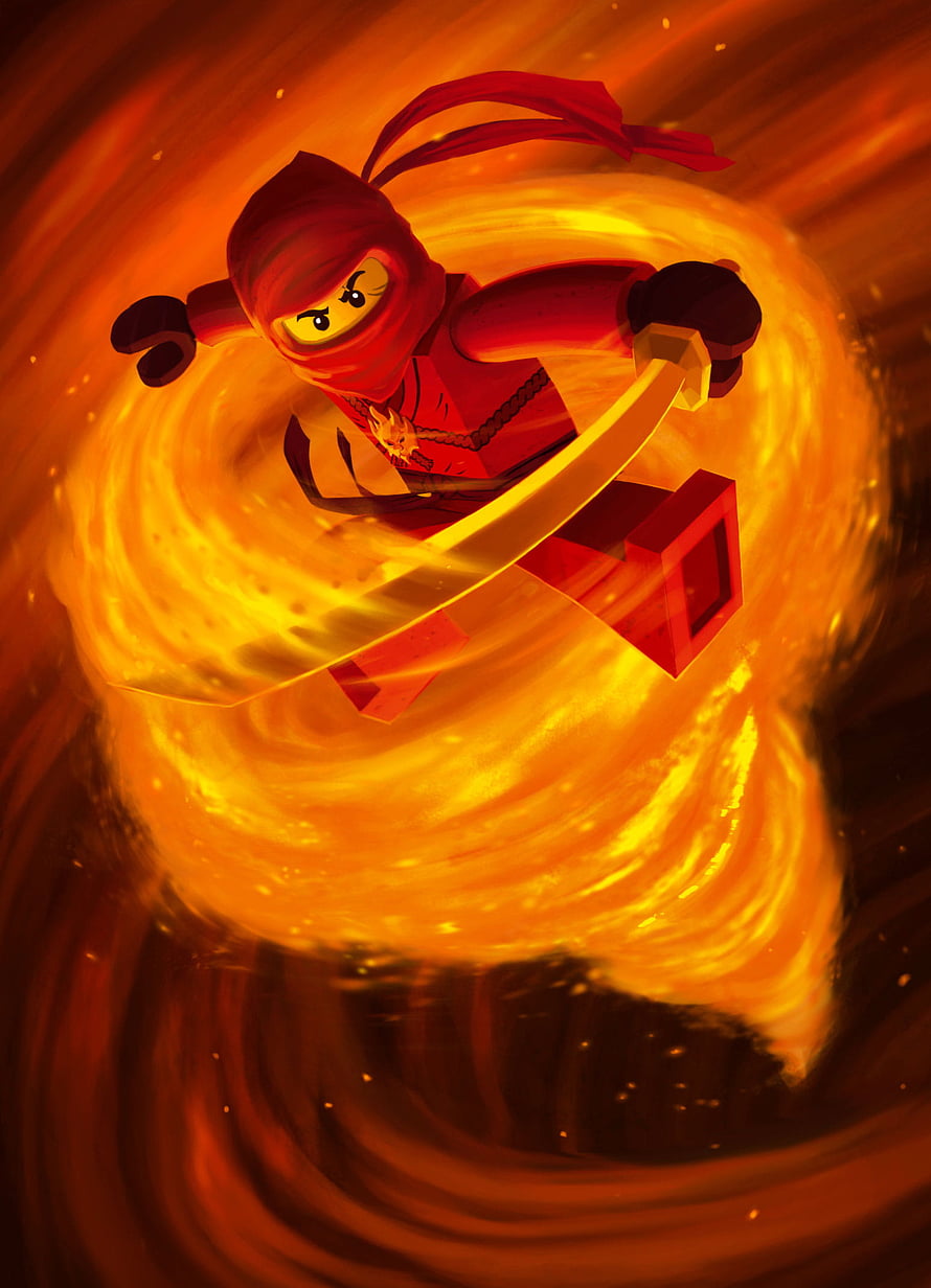 Lego Ninjago Kai Fire Ninja Wielding Sword in Swirling Flame Vortex HD phone wallpaper