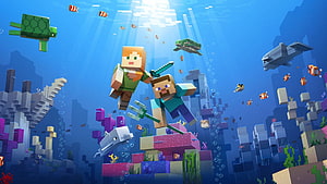 Minecraft Steve and Alex exploring a vibrant underwater world with sea turtles and dolphins HD wallpaper