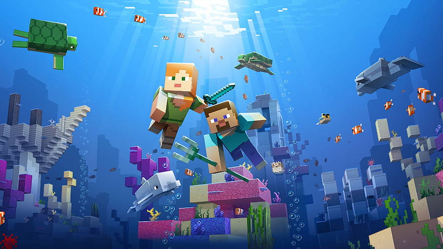 Minecraft Steve and Alex exploring a vibrant underwater world with sea turtles and dolphins HD wallpaper