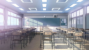 Sunlit Anime Classroom Interior with Empty Desks and Blackboard HD wallpaper