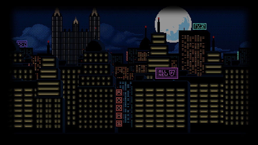 Pixel Art Cityscape at Night with Neon Signs and Full Moon HD wallpaper