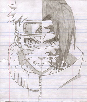 Pencil Sketch of Naruto and Sasuke Split Face Portrait on Lined Notebook Paper HD phone wallpaper