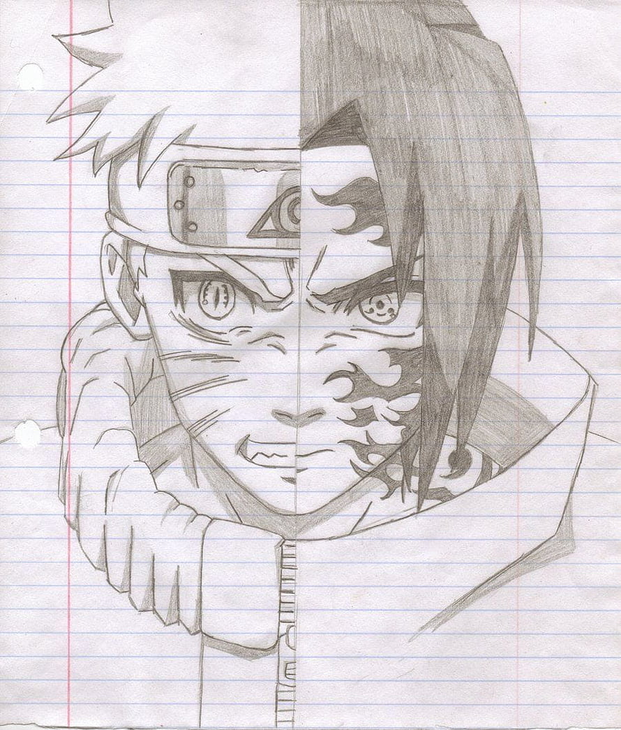 Pencil Sketch of Naruto and Sasuke Split Face Portrait on Lined Notebook Paper HD phone wallpaper