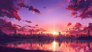Vibrant Anime Cityscape at Sunset with Purple Sky and Lake Reflection HD wallpaper