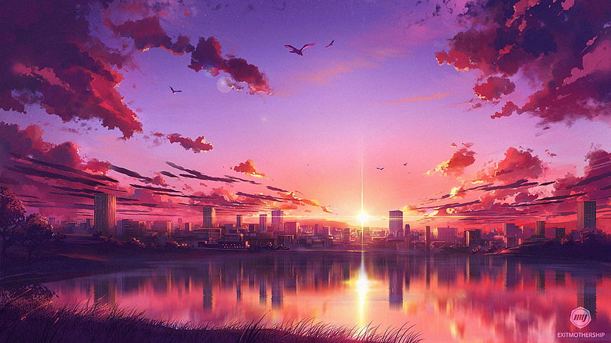 Vibrant Anime Cityscape at Sunset with Purple Sky and Lake Reflection HD wallpaper