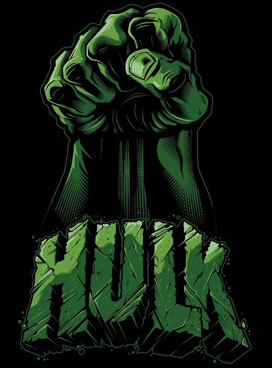 Hulk Green Fist Breaking Concrete Text on Black Background HD phone wallpaper