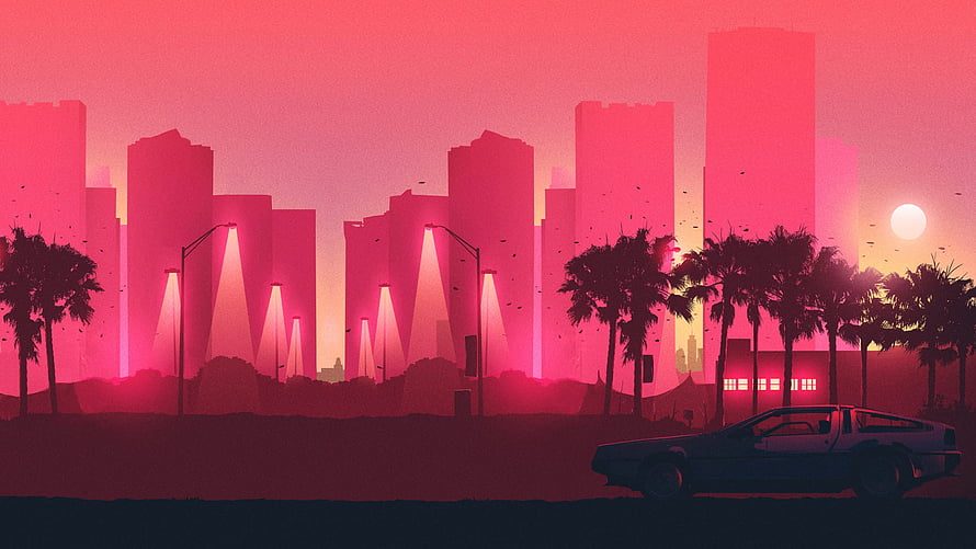 Retro Synthwave Cityscape with Neon Skyline, Palm Trees, and Classic Car at Sunset HD wallpaper