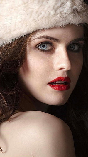 Alexandra Daddario Close-Up Portrait Wearing Fur Hat and Red Lipstick HD phone wallpaper