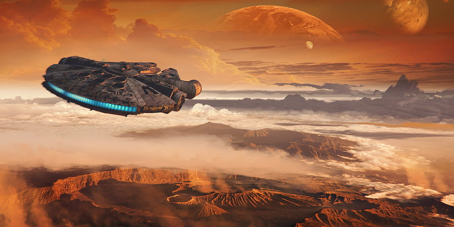 Millennium Falcon Flying Over Desert Planet With Orange Sky And Clouds HD wallpaper