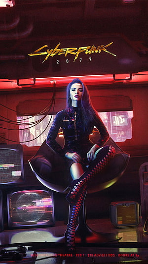 Cyberpunk 2077 Woman in Futuristic Chair with Neon Red Lighting and Retro TVs, Cyborg Girl Cyberpunk 2077 Ultra Mobile, cyberpunk HD phone wallpaper