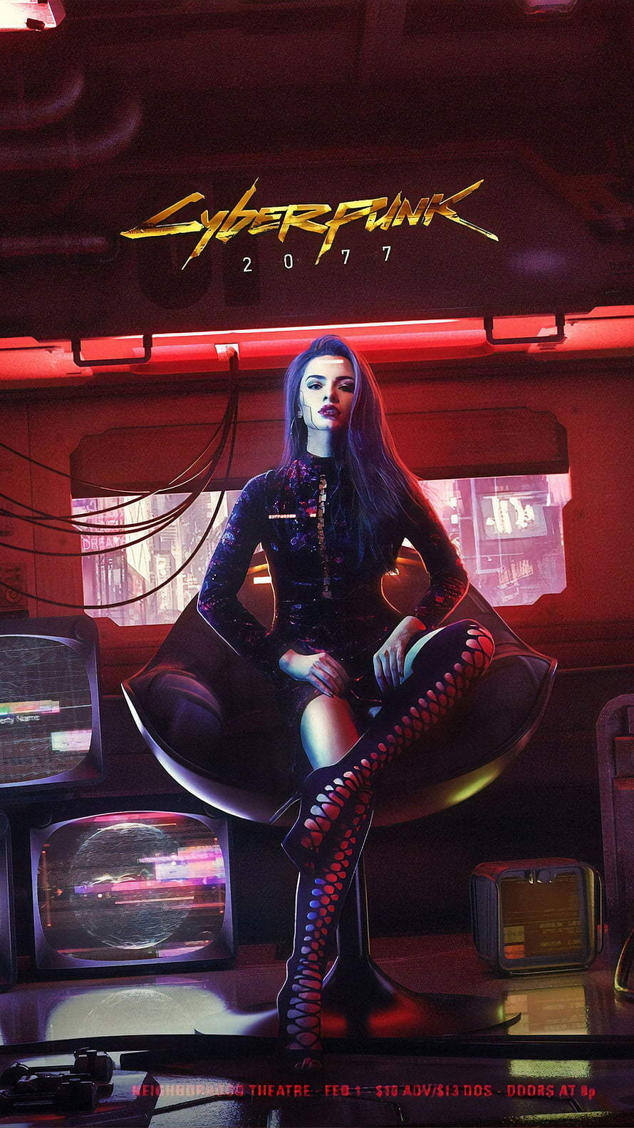 Cyberpunk 2077 Woman in Futuristic Chair with Neon Red Lighting and Retro TVs, Cyborg Girl Cyberpunk 2077 Ultra Mobile, cyberpunk HD phone wallpaper