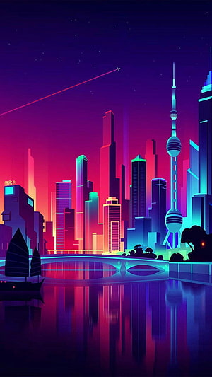 Neon Shanghai Skyline at Night with Oriental Pearl Tower and Retro Futuristic Cityscape HD phone wallpaper