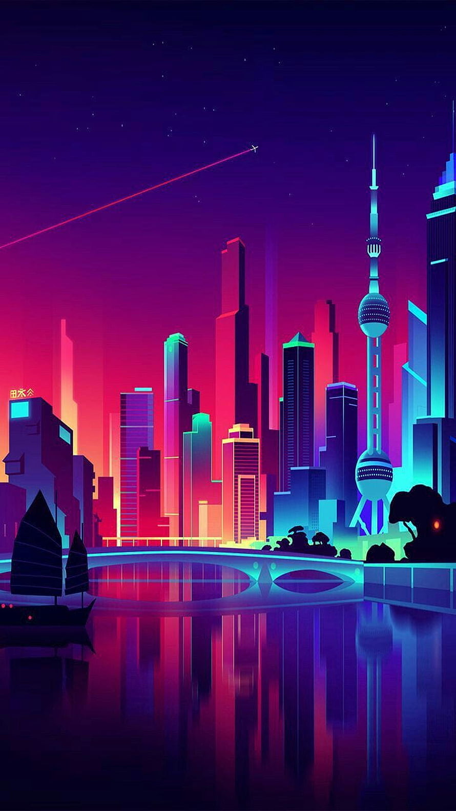 Neon Shanghai Skyline at Night with Oriental Pearl Tower and Retro Futuristic Cityscape HD phone wallpaper