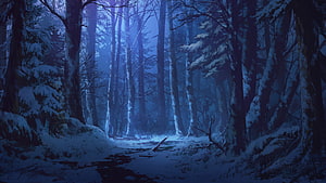 Mystical Blue Snowy Forest Path Digital Art Wallpaper HD wallpaper