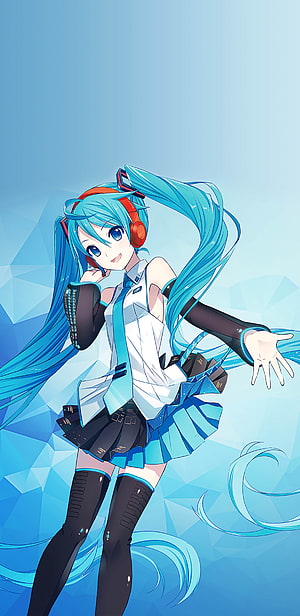 Hatsune Miku in Futuristic School Uniform with Headphones and Blue Twin Tails HD phone wallpaper