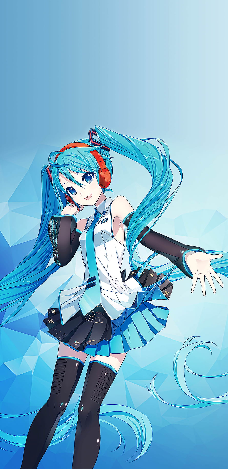 Hatsune Miku in Futuristic School Uniform with Headphones and Blue Twin Tails HD phone wallpaper