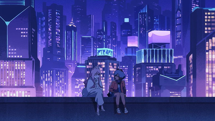 Two anime characters sitting on a ledge overlooking a purple neon cityscape at night HD wallpaper