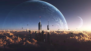 Futuristic Skyline Above Clouds with Giant Planet and Flying Vehicles HD wallpaper